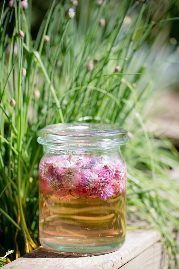 Essig mit Schnittlauchblüten im Glas