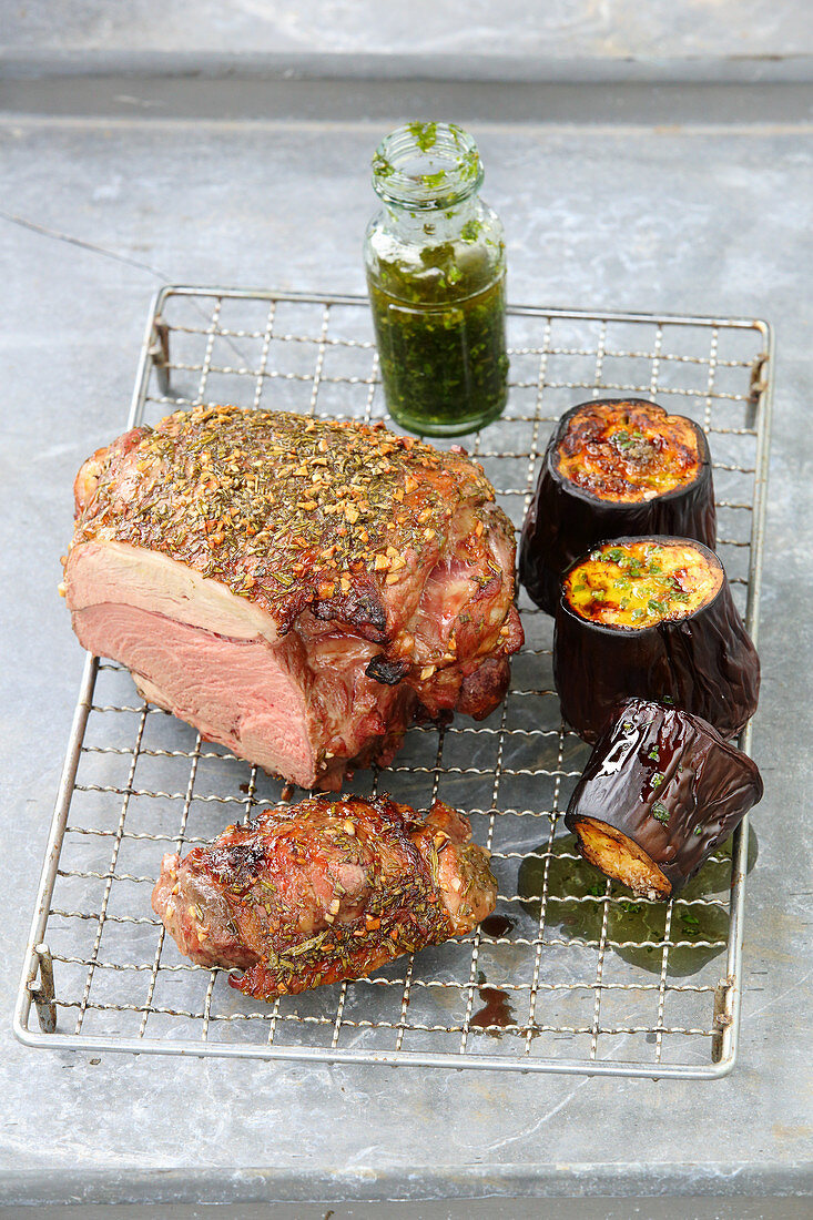 Leg of lamb and grilled aubergines with mint pesto