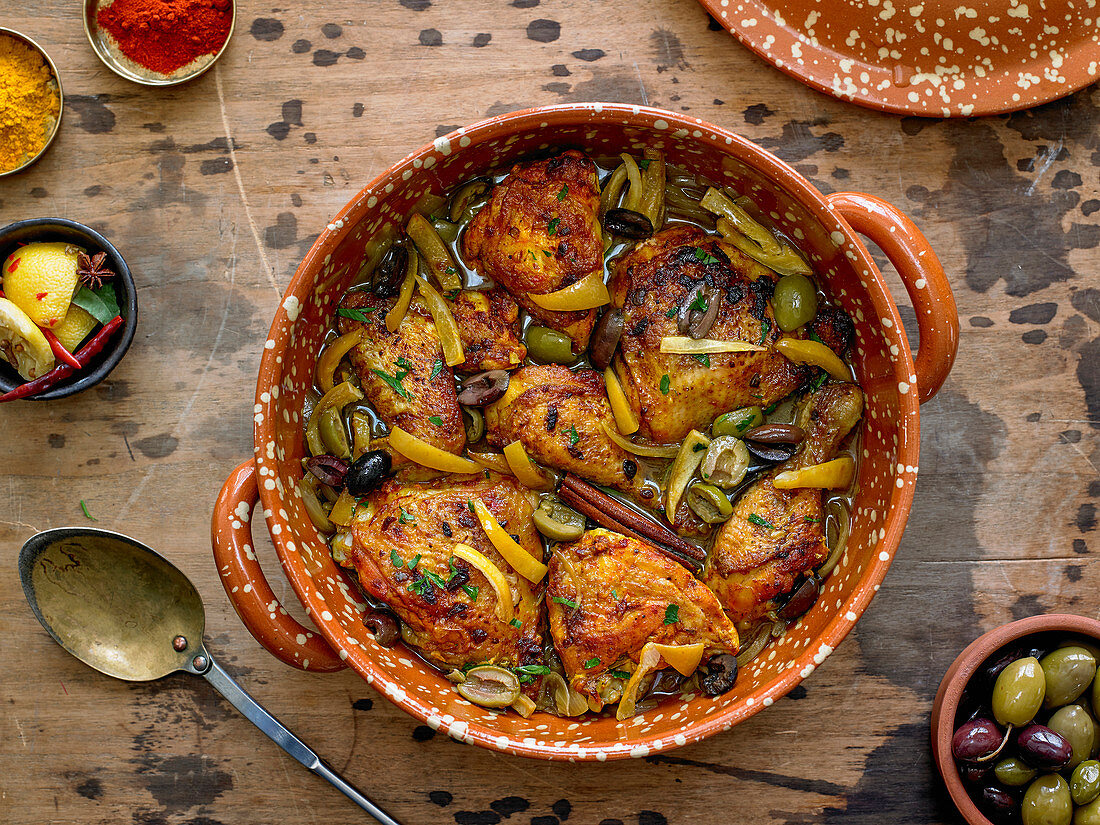Chicken Tagine with Calamata Olives, Cracked Green Olives and Preserved Lemons