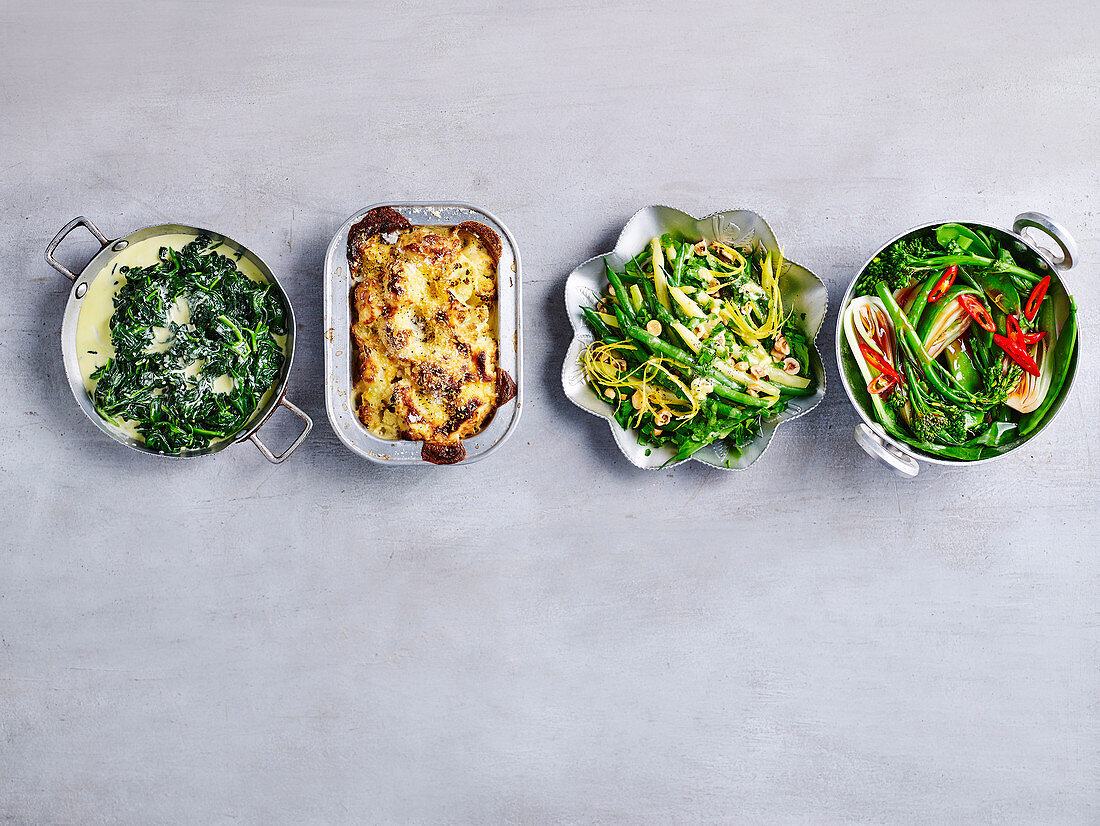Low Carb sides - Creamed Spinach, Cauliflower Gratin, Bean Salad and Asian Greeens with Char Siu Sauce