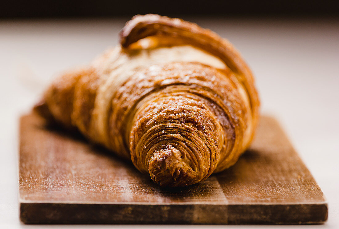 Close up of delicious freshly baked golden croissant with golden crust