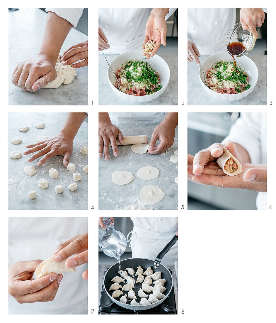 Jiaozi Shuijiao (Nudeltäschchen mit Schweinefleisch und Ingwer, China) zubereiten