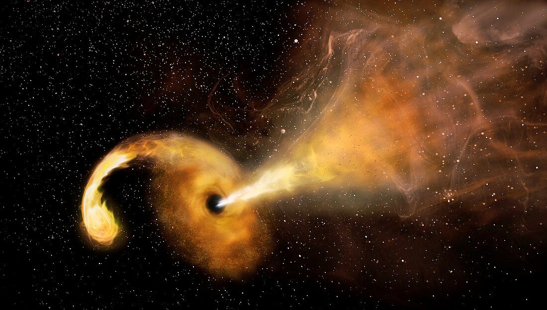 Supermassive black hole destroying star, illustration