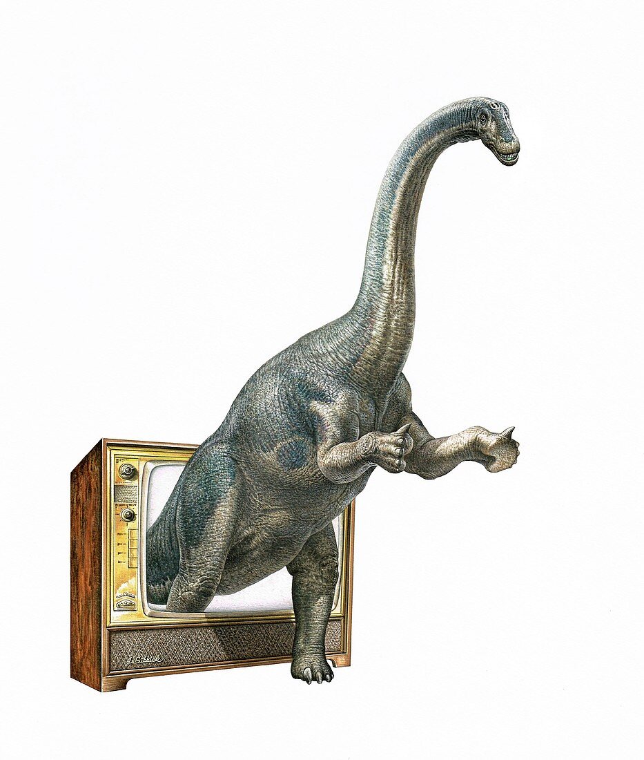 Dinosaurs on TV, conceptual illustration