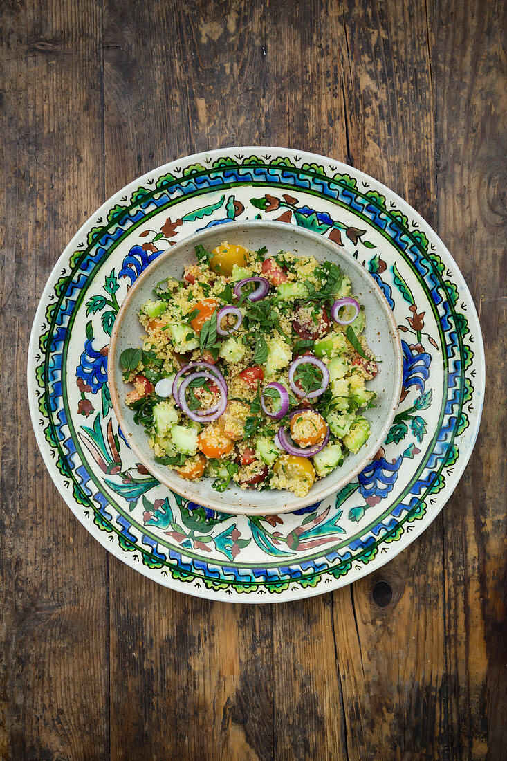 Tabbouleh (couscous salad with tomatoes, cucumber, red onions, parsley and mint)