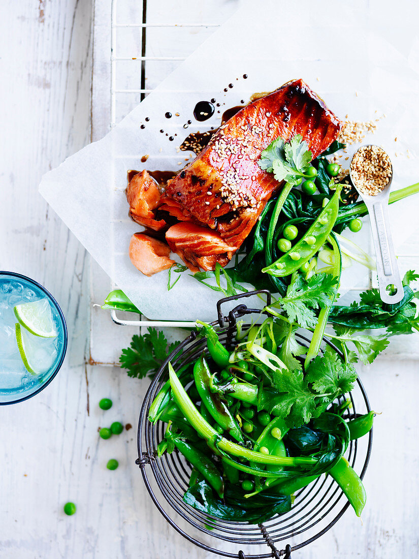 Soy-glazed ocean trout with greens