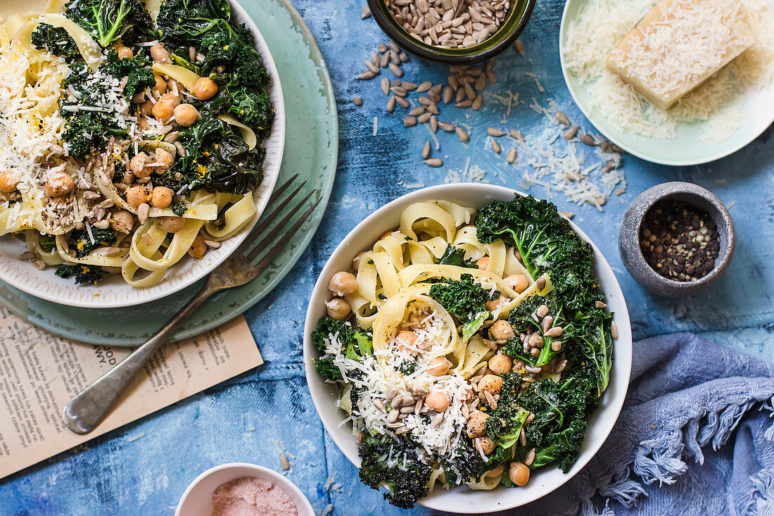Tagliatelle with kale, chickpeas, parmesan and sunflower seeds