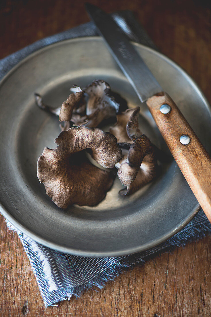 A pewter plate with Horn of Plenty Mushrooms (Craterellus cornucopioides) and a vintage knife