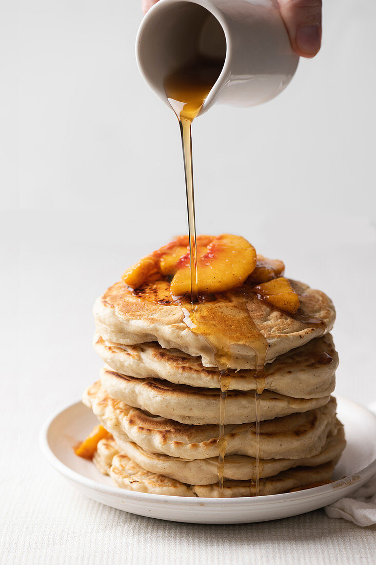Pancakes with peach and maple