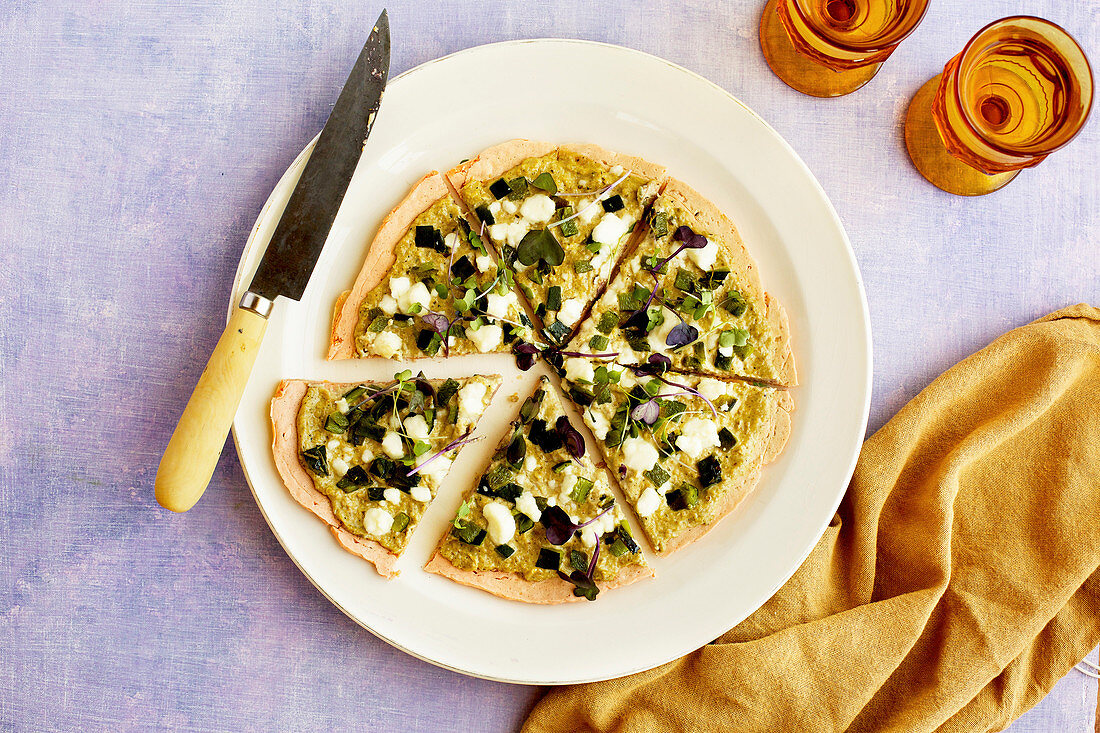 Red Lentil Flatbread with Roasted Poblano and Tomatillo Pesto