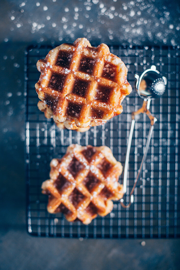 Waffles in a grid with icing sugar