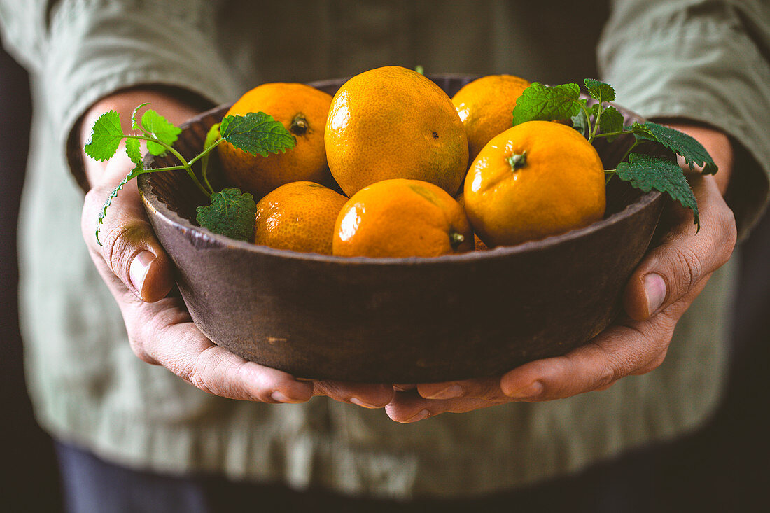 Farmer holding fresh tangerines