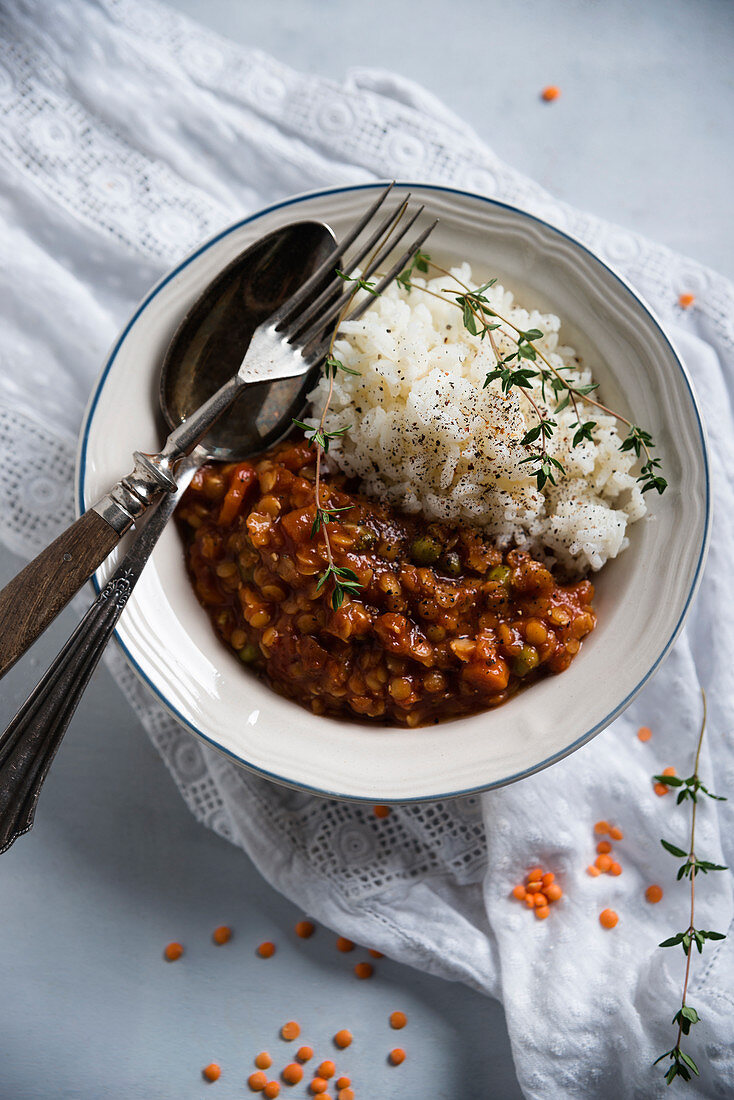 Red lentil and carrot stew with jasmine rice (vegan)