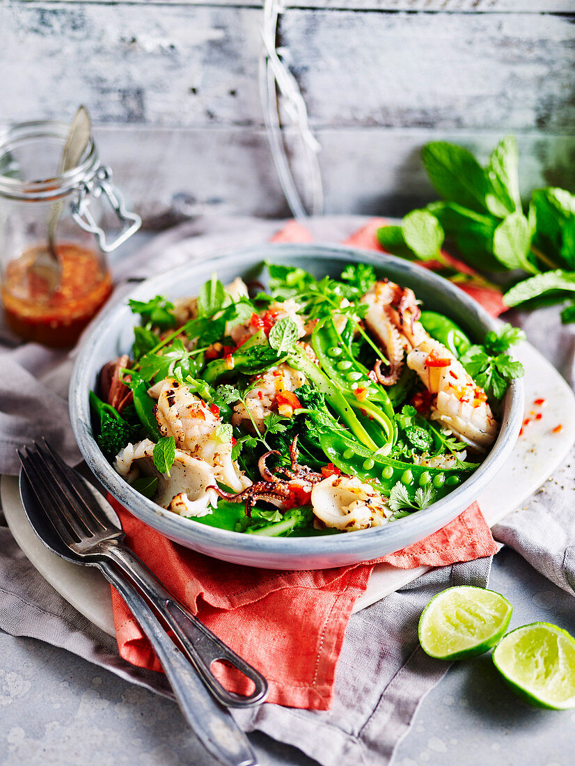 Gemüsesalat mit gegrilltem Tintenfisch (Thailand)