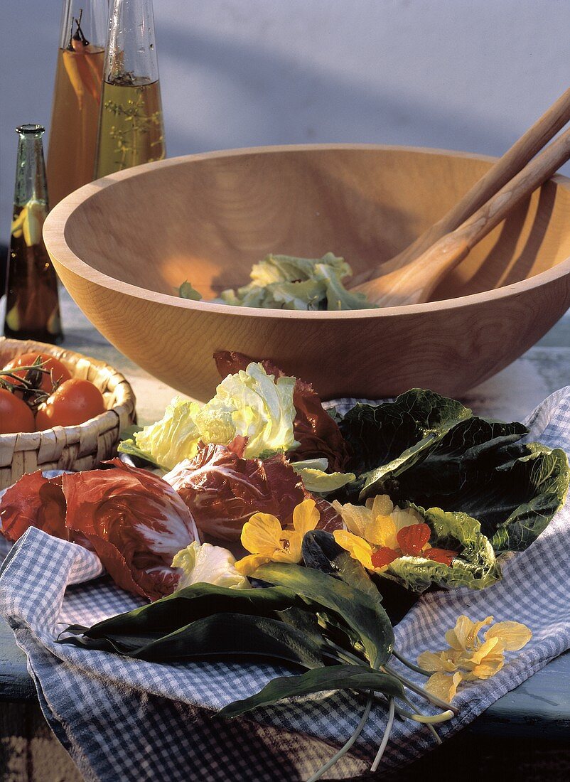 Assorted Salad Ingredients on a Cloth; Salad Bowl