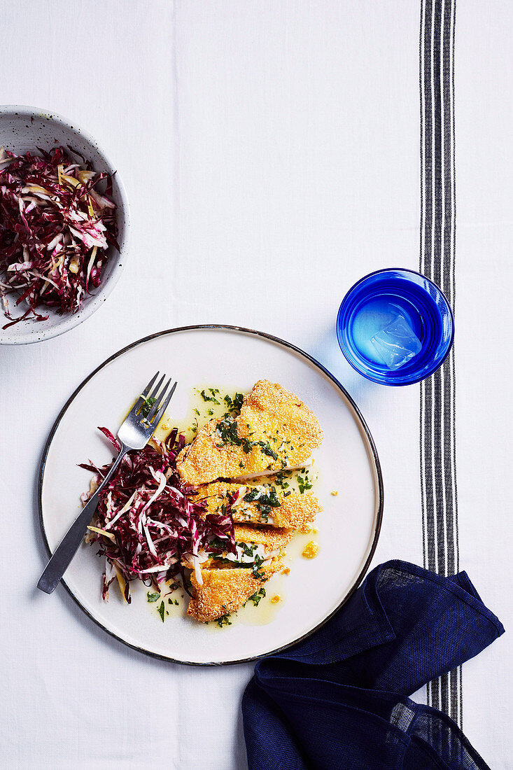 Polenta crumbed chicken with herb butter