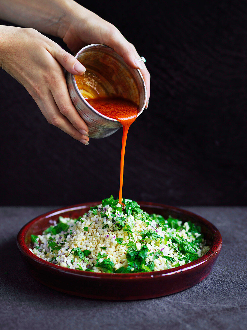 Turkish cracked wheat salad with capsicum sauce