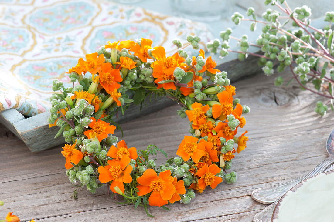 Fragrant wreath of spice tagetes and marjoram