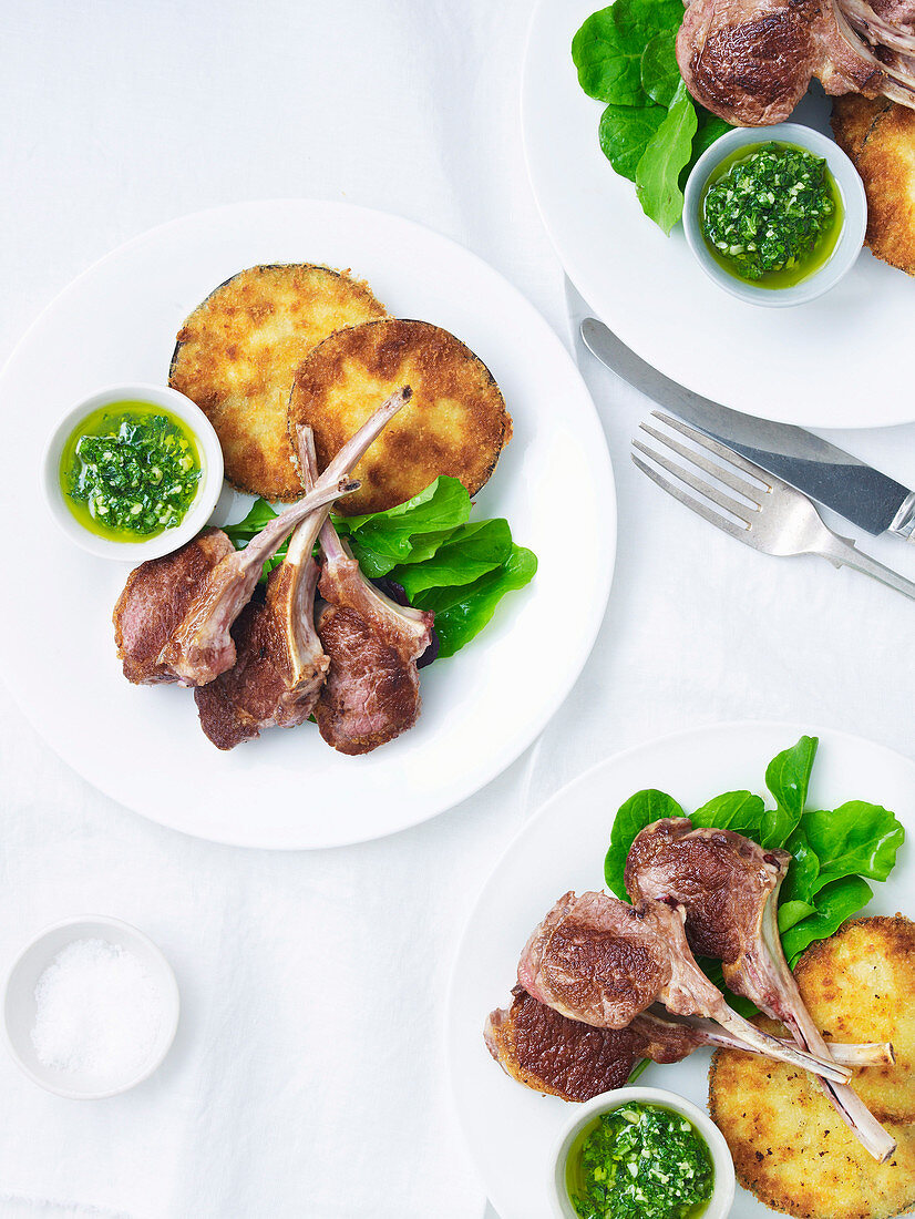 Lamb Cutlets with Crumbed Eggplants and Pesto