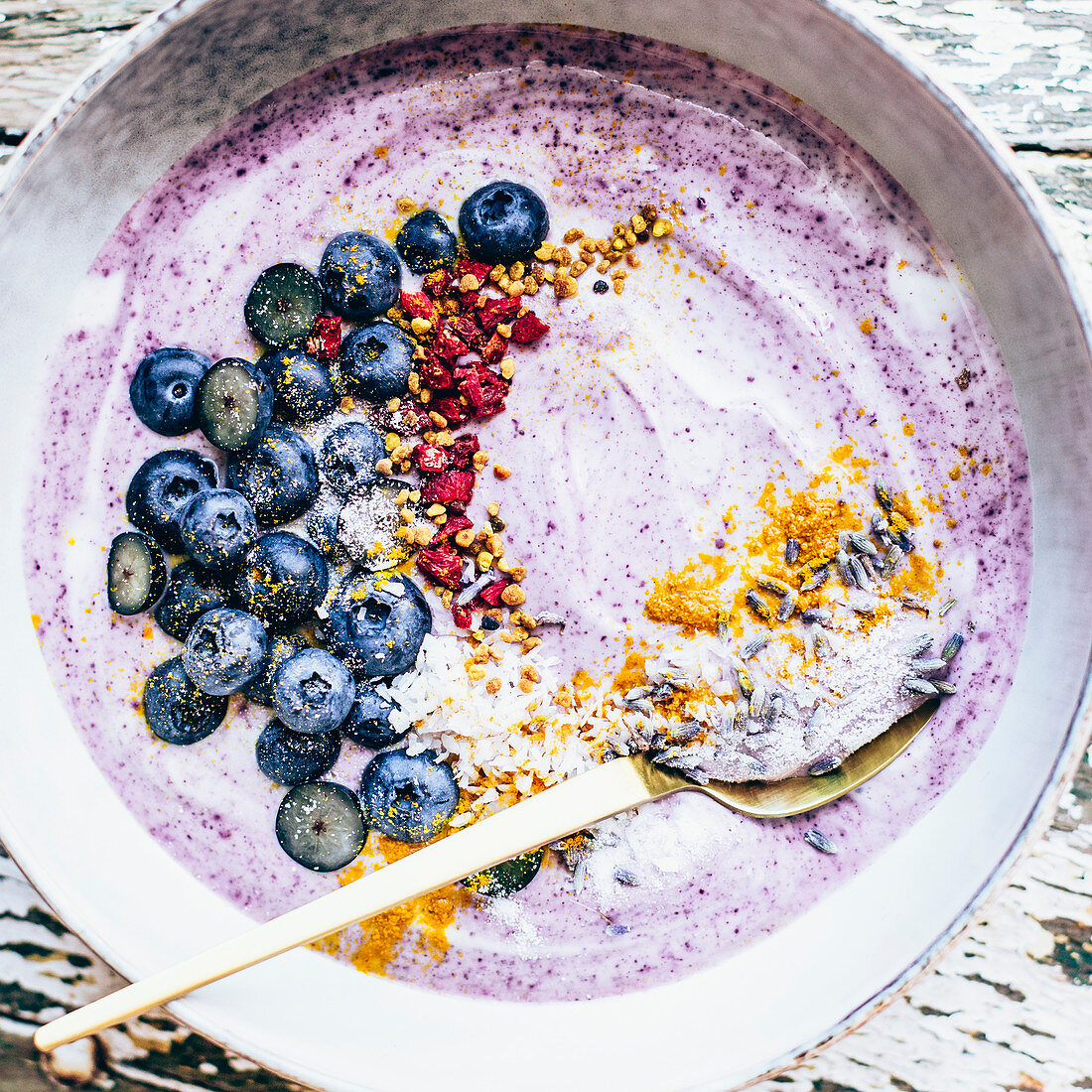 A smoothie bowl with blueberries