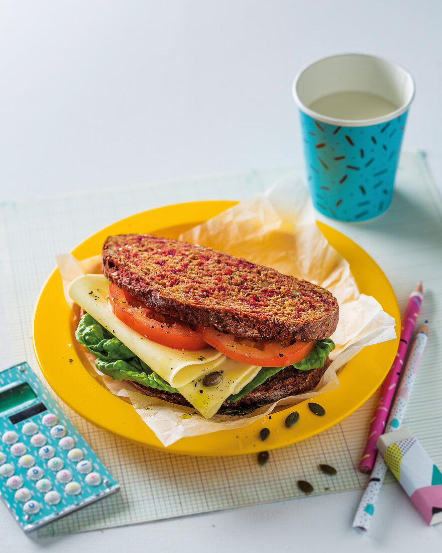 Beetroot, walnut and pumpkin seed bread with cheese