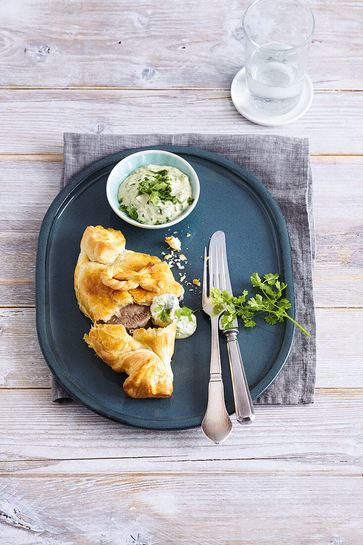 Tongue in pastry with herb mayonnaise