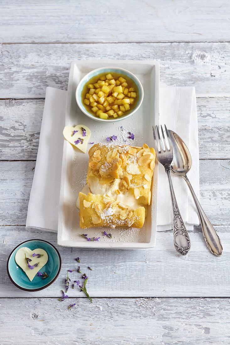 Crepe ice cream parcels with apple ragout