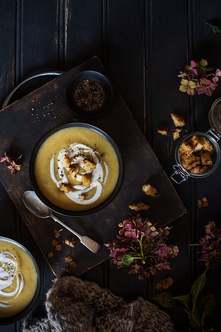 Autumnal celeriac soup with sourdough croutons