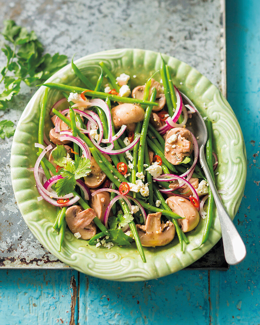 Mushroom, green bean and feta salad
