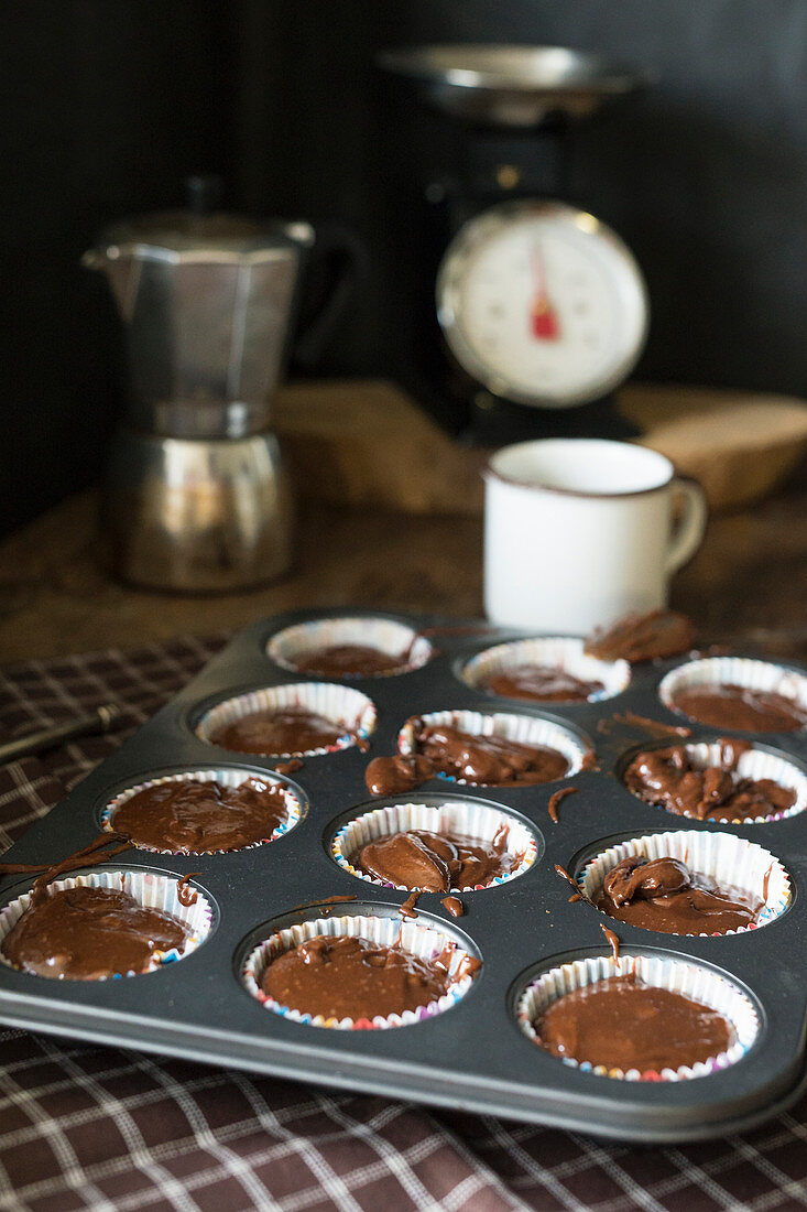 Raw chocolate muffins prepared for baking