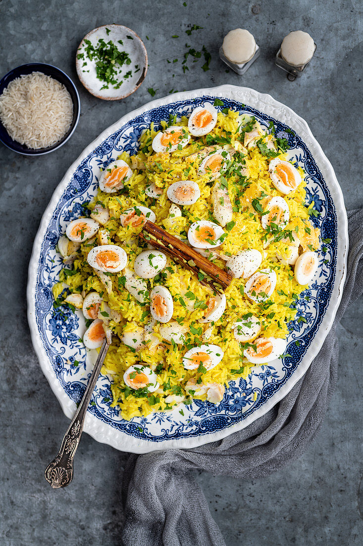 Kedgeree mit Safran, Eiern und Schellfisch