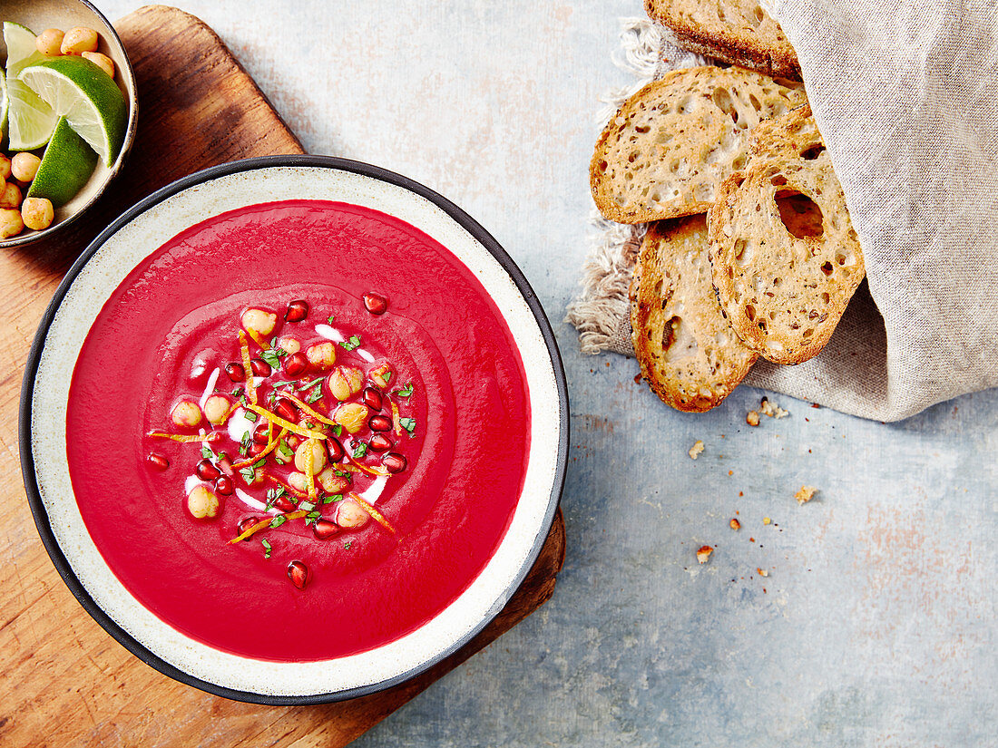 Beetroot soup served with sourdough bread