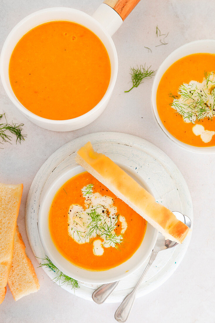 Carrots and fennel roasted soup served with focaccia bread