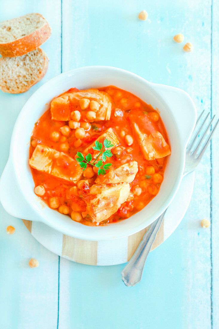 Stewed baccala with tomato onions and chickpeas