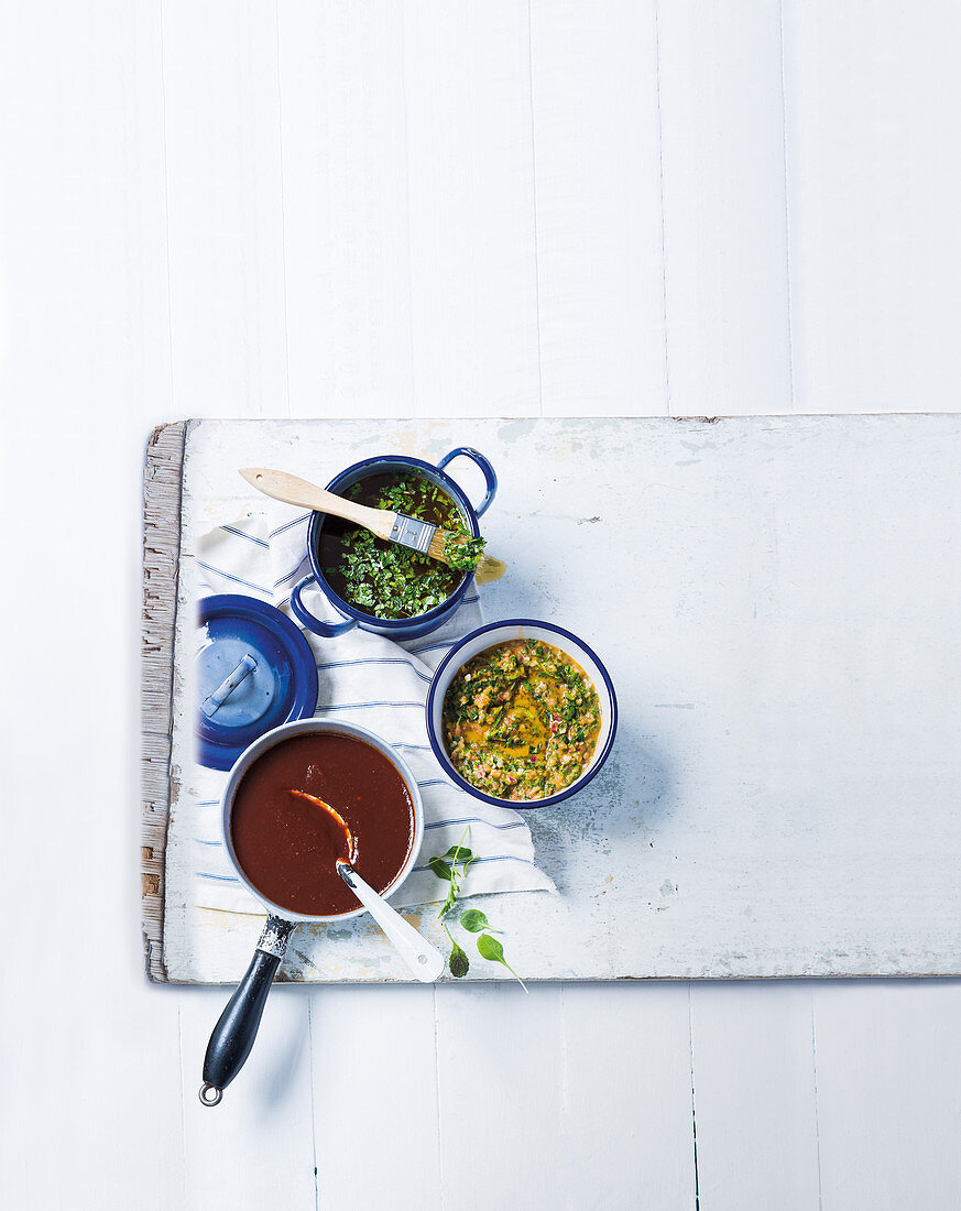 Old-fashioned bbq sauce, tomato herb chimichurri and all-round marinade for meat and chicken