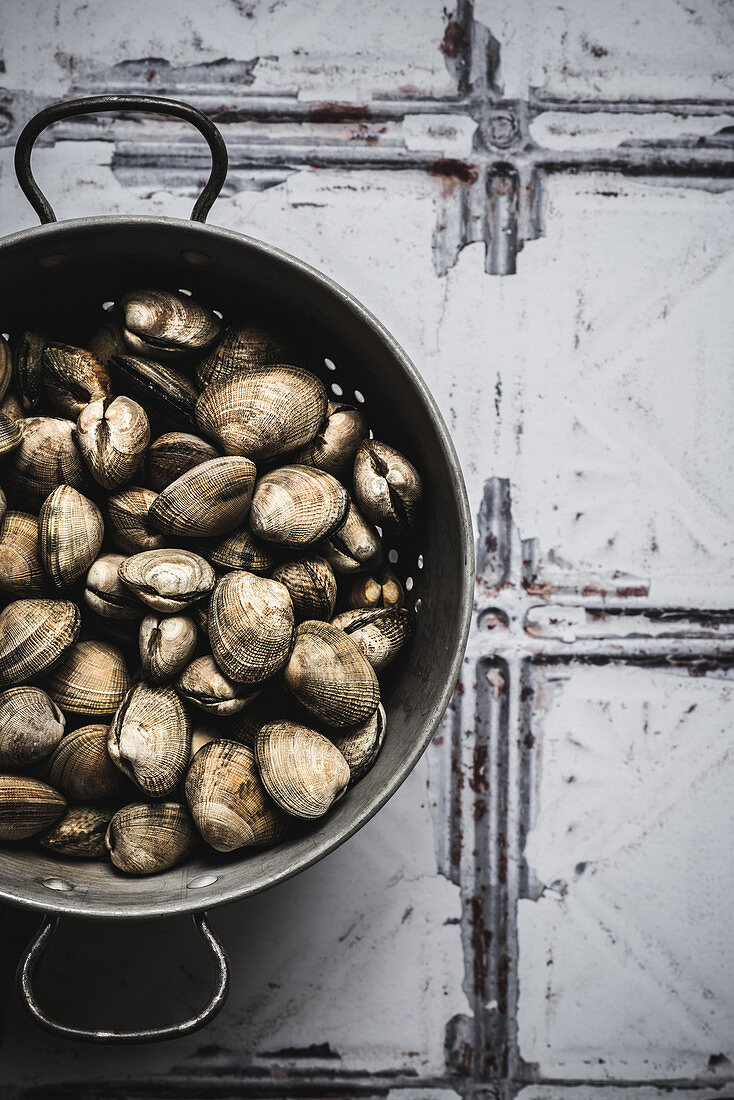 Frische Muscheln im Seiher auf Shabby-Fliesenuntergrund (Aufsicht)