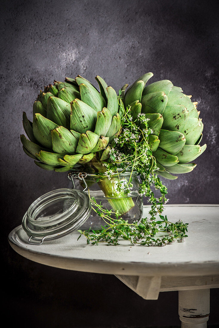 A flower arrangement of artichokes