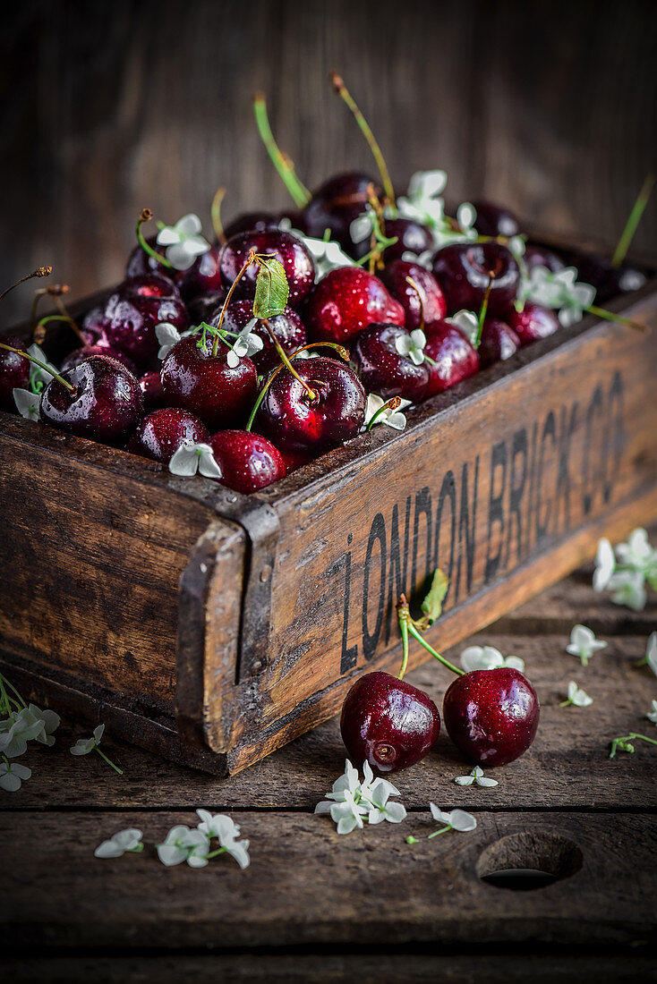 Fresh Cherries in a wooden box