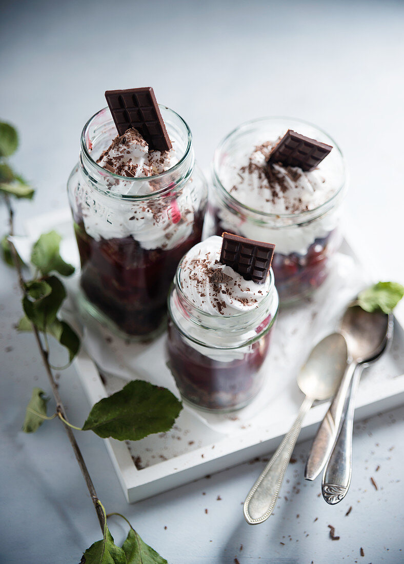 Vegan Black Forest Gateau desserts served in glasses