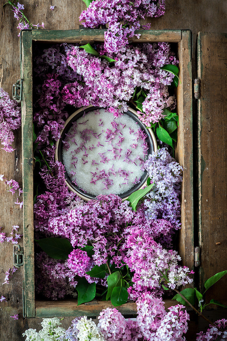 Lilac sugar in a crate from above