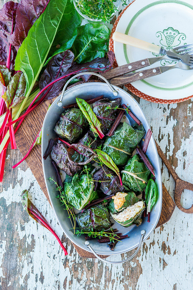 Swiss chard leaves stuffed with minced chicken and rice