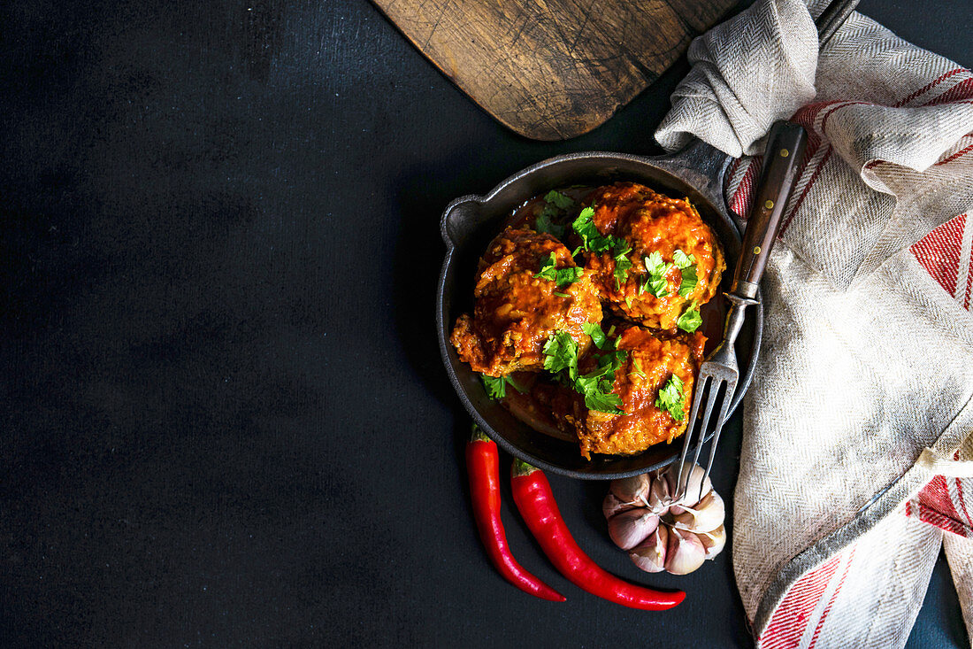 Meatballs in spicy tomato sauce with coriander and garlic on rustic table