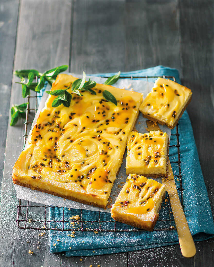 Passion fruit cheesecake tray bake