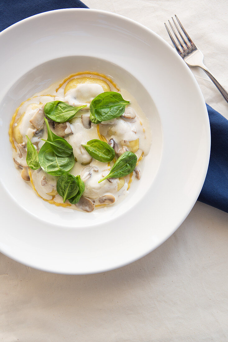 Ravioli Carbonara with Spinach leaves