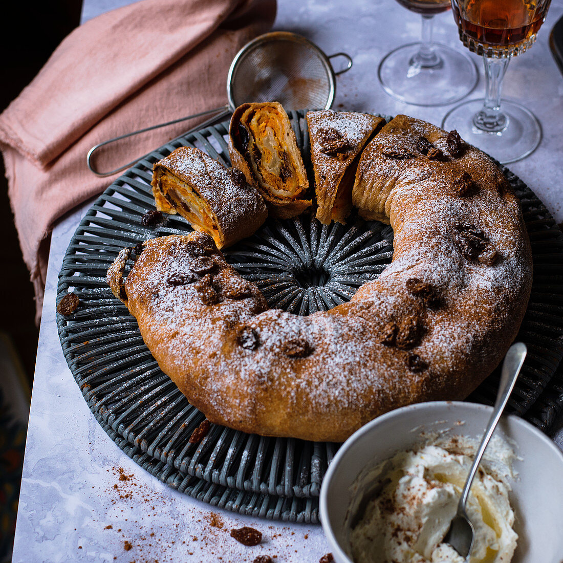 Pumpkin and rum strudel with sultanas and pumpkin spice whipped cream