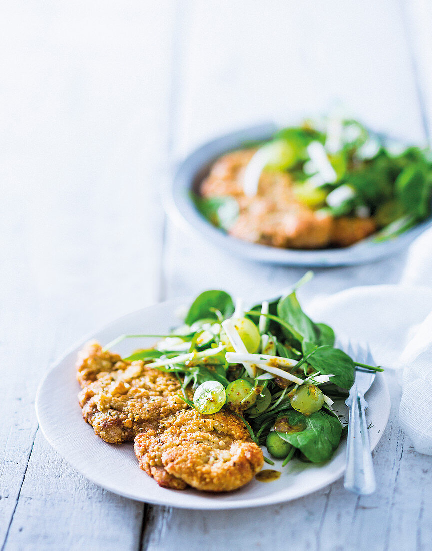 Almond-crumbed pork and summer salad