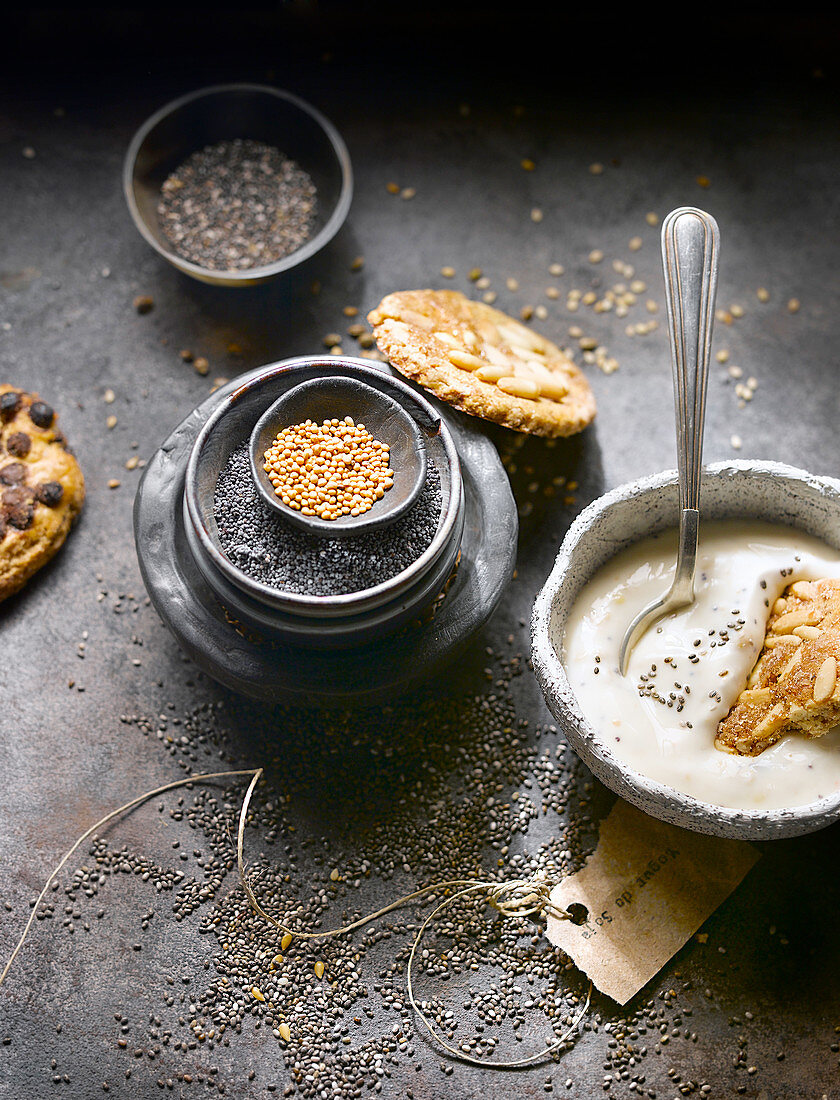Yogurt with cookies and seed assortment