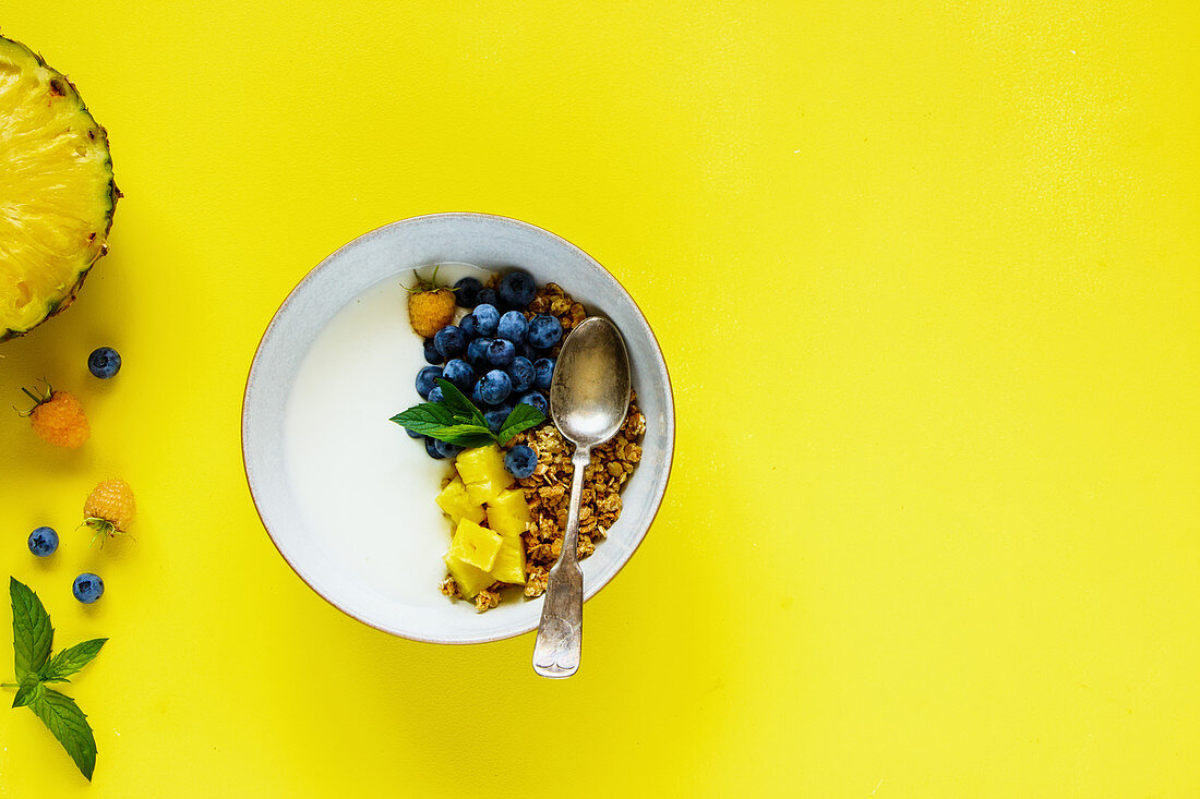 Breakfast Bowl mit Joghurt, Knuspermüsli und Früchten