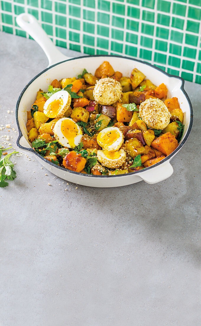 Curried butternut hash with dukkah dusted boiled eggs