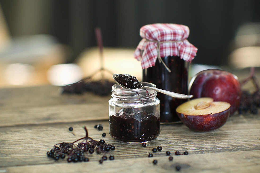 Homemade jam with elderberries and plums